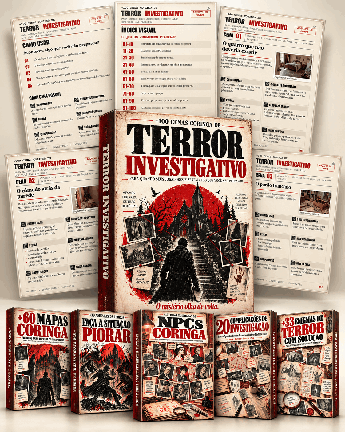 Mockup do livro Terror Investigativo com páginas internas e os cinco materiais bônus